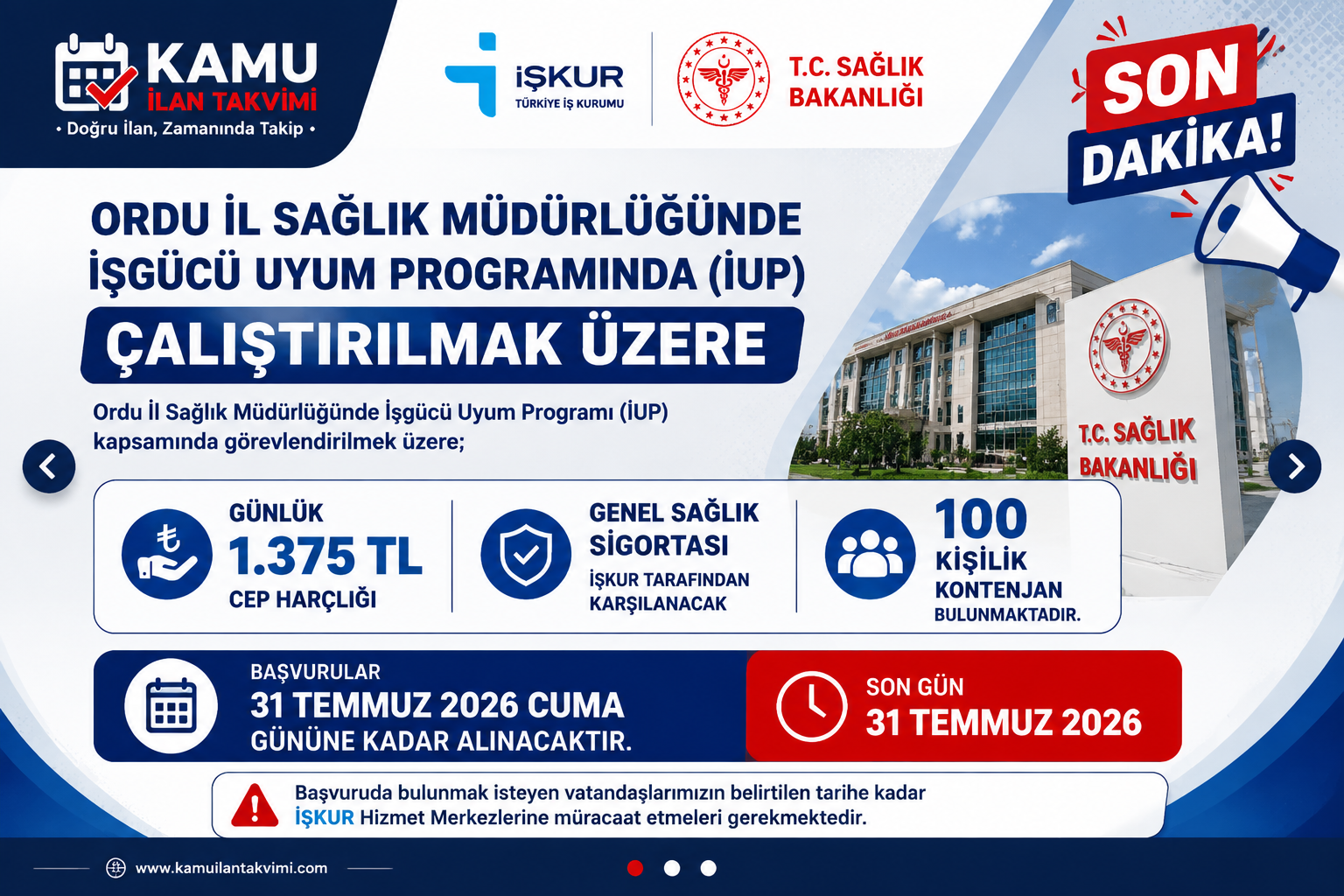 Ordu İl Sağlık Müdürlüğü İUP Kapsamında 100 İşçi Alımı Yapacak! Başvurular Başladı haber görseli