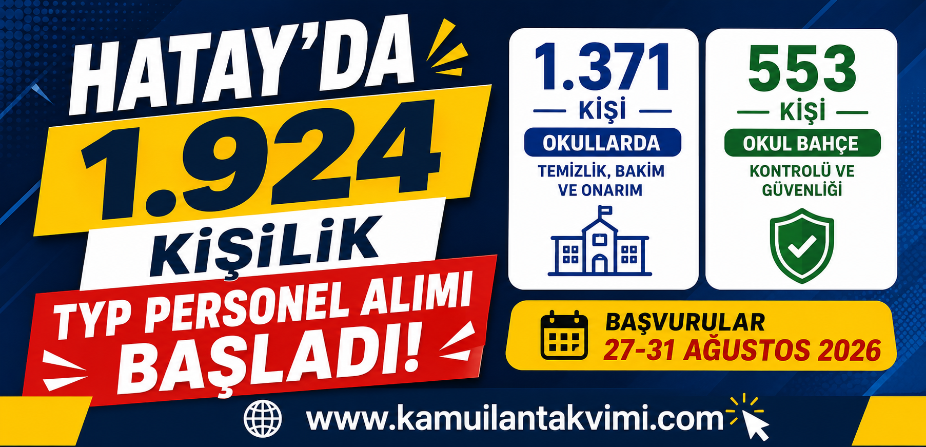 Hatay’da 1.924 kişilik TYP personel alımı başladı. Okullarda ve Valilik bünyesinde görev yapacak personeller için başvurular sürüyor.