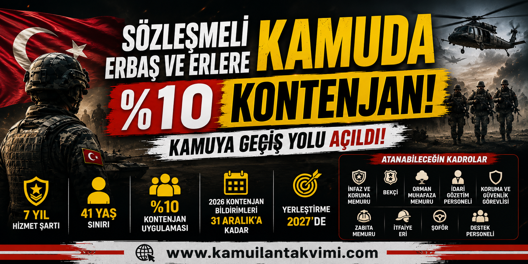 Sözleşmeli erbaş ve erlere kamu kurumlarında yüzde 10 kontenjan ve 7 yıl hizmet şartı getirildi.