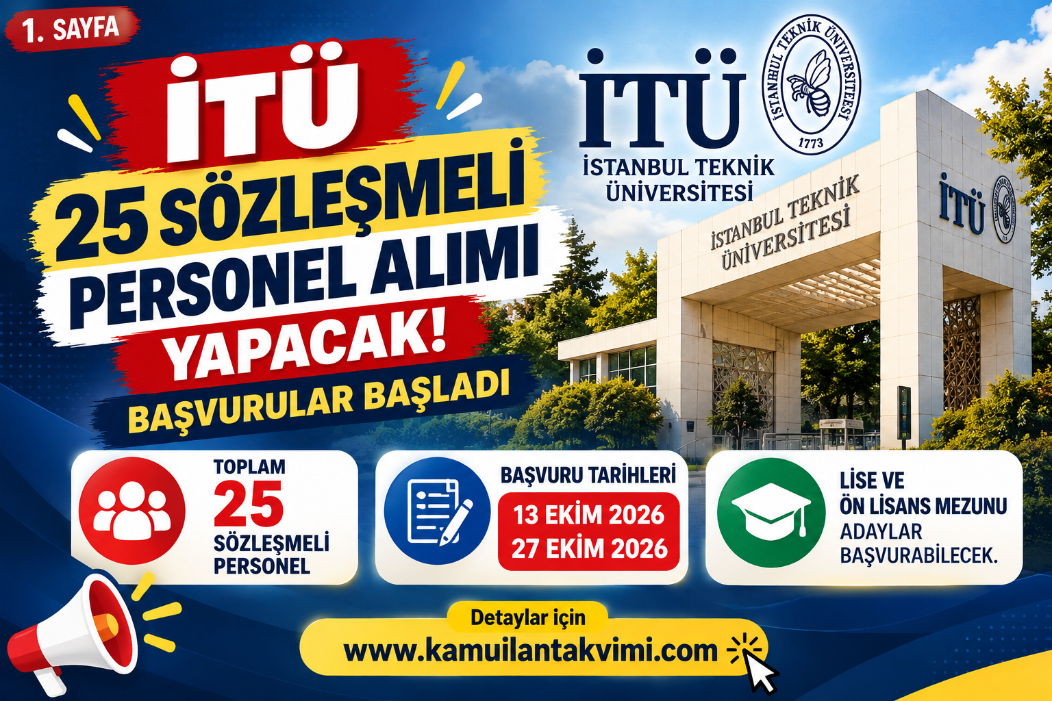 İstanbul Teknik Üniversitesi İTÜ 25 sözleşmeli personel alımı ilanı, destek personeli, güvenlik görevlisi ve teknisyen kadroları