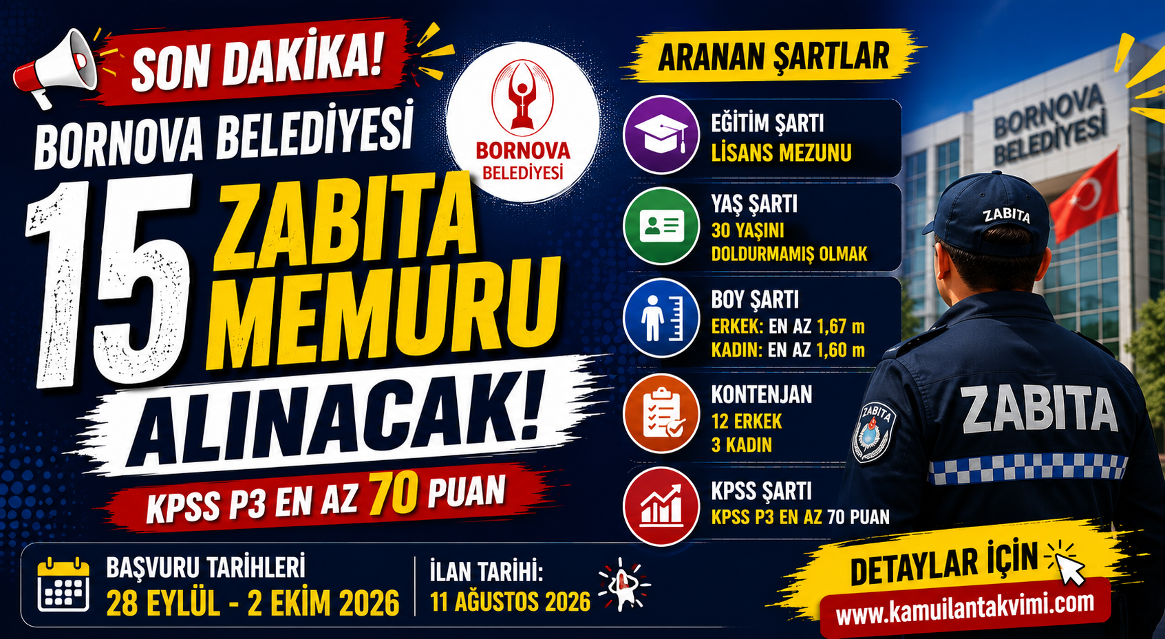 Bornova Belediyesi 15 zabıta memuru alımı 2026