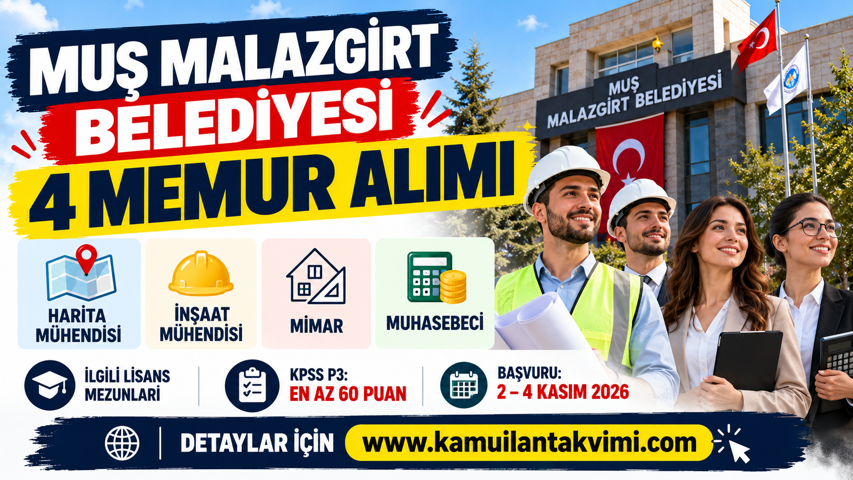 Malazgirt Belediyesi 4 Memur Alımı Yapacak! KPSS 60 Puan Şartı