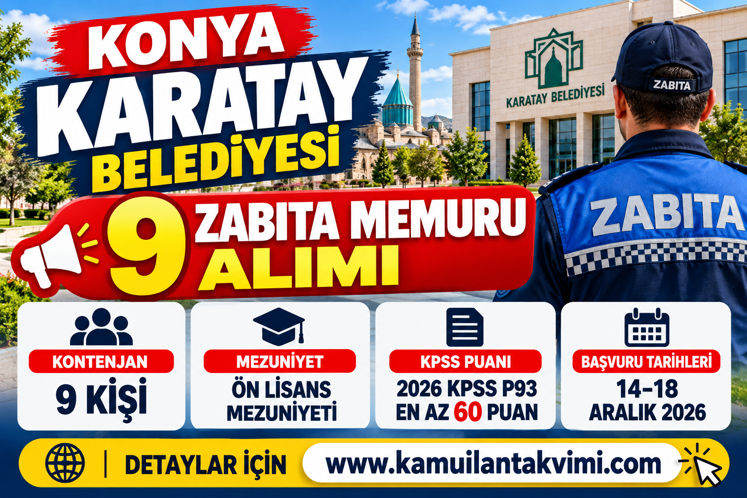 Konya Karatay Belediyesi 9 Zabıta Memuru Alımı Yapacak: KPSS 60 Puan Şartı