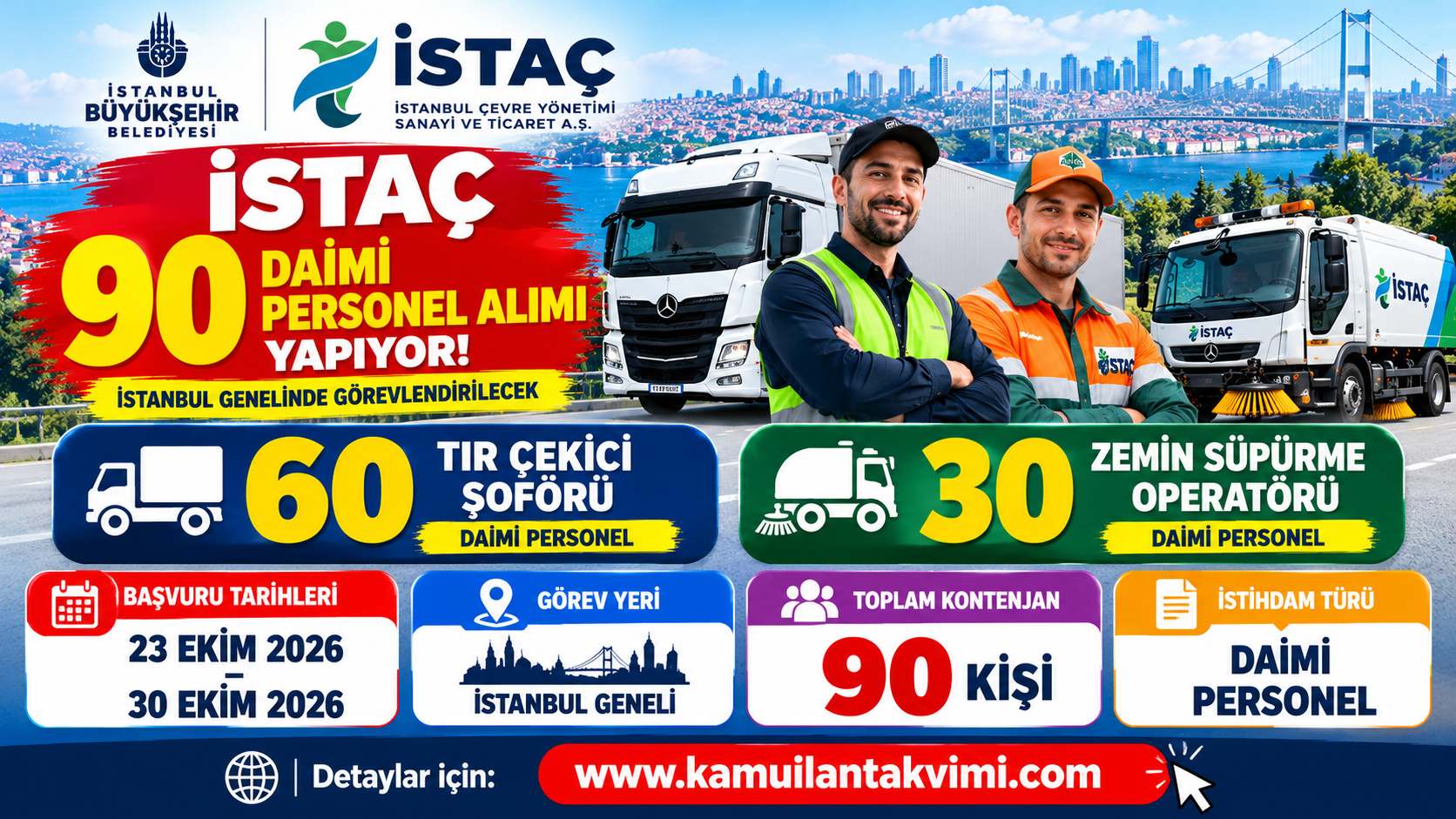 İSTAÇ 2026 yılı 90 daimi personel alımı, tır çekici şoförü ve zemin süpürme operatörü kadroları.