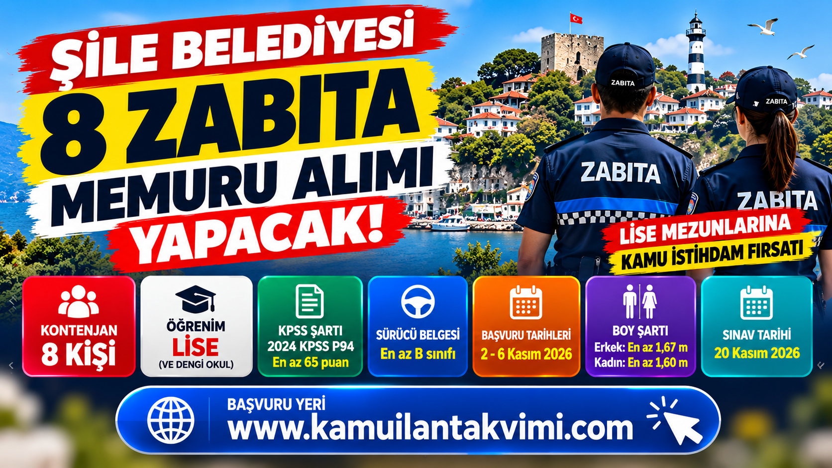 Şile Belediyesi 8 zabıta memuru alımı 2026 başvuru şartları