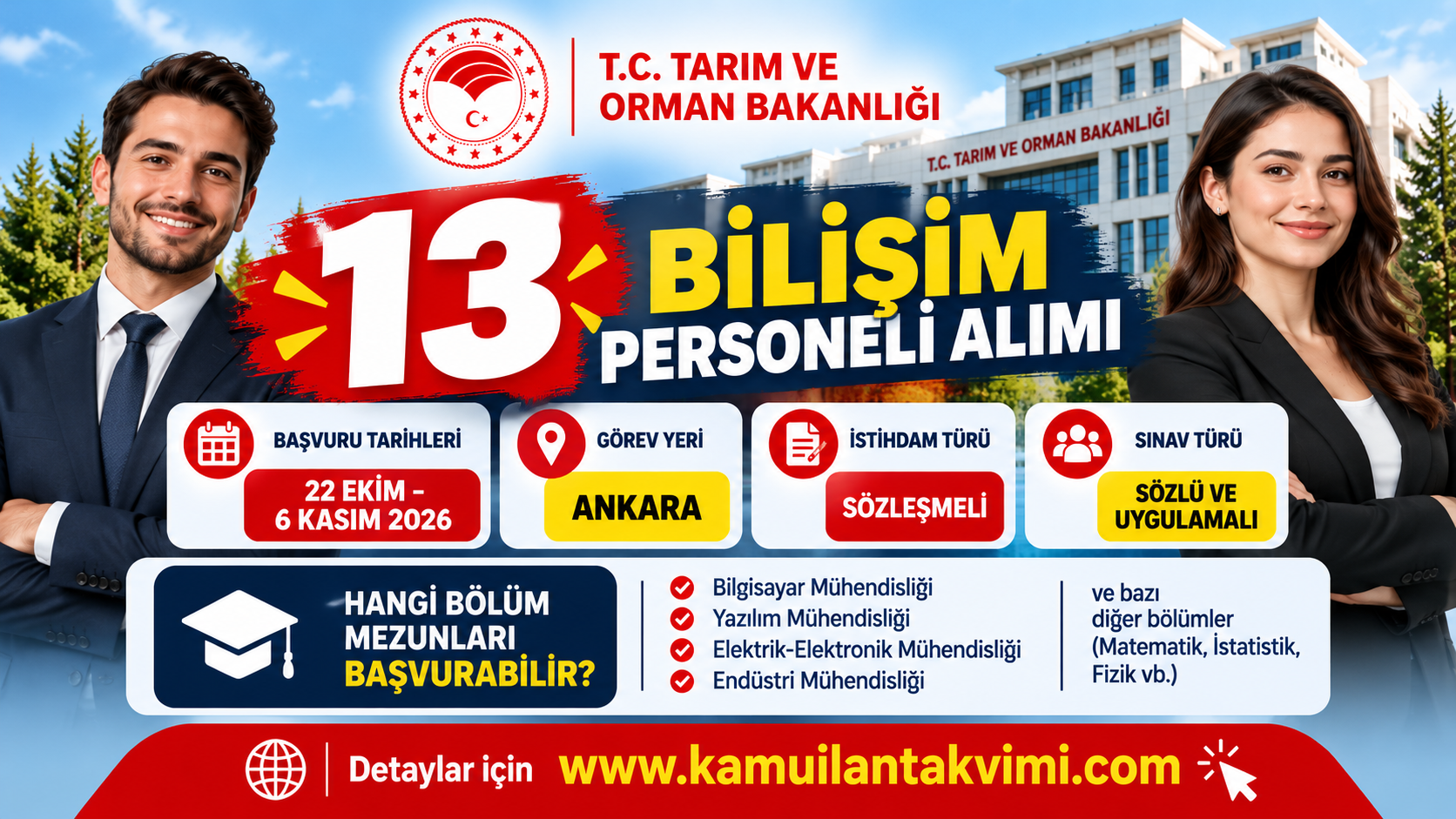 Tarım ve Orman Bakanlığı 13 sözleşmeli bilişim personeli alımı 2026 başvuru şartları ve kadro dağılımı.