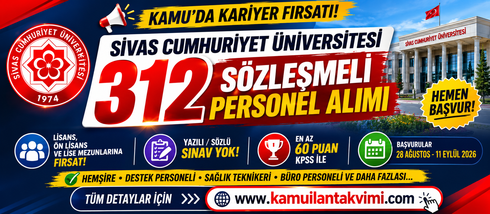 Sivas Cumhuriyet Üniversitesi 312 sözleşmeli personel alımı yapıyor. 125 hemşire, 96 destek personeli ve farklı kadrolar için başvurular başladı.