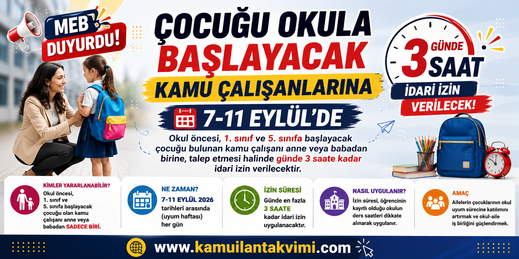 Çocuğu Okula Başlayacak Kamu Çalışanlarına 7-11 Eylül’de Günde 3 Saat İzin