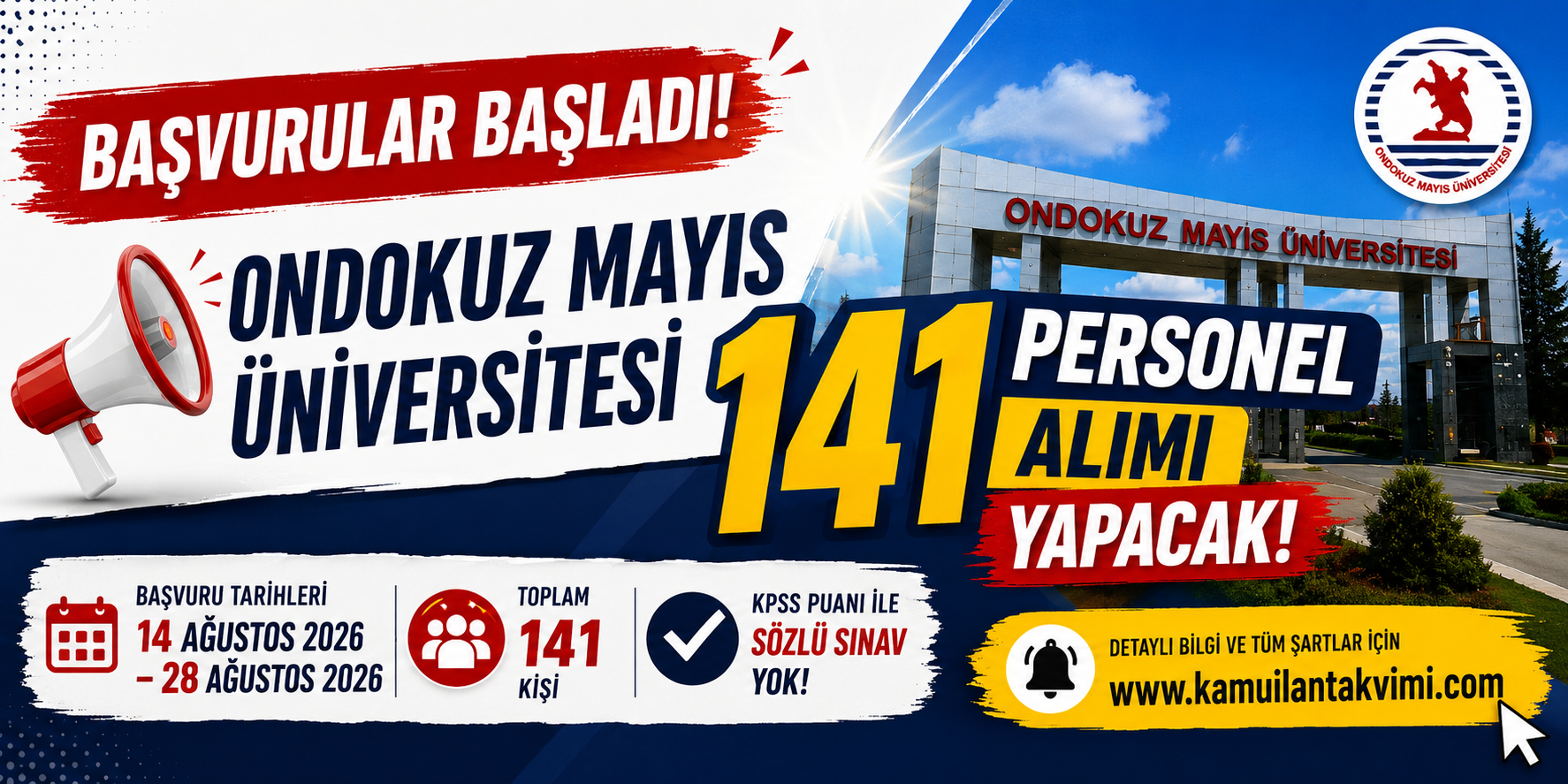 Ondokuz Mayıs Üniversitesi 141 sözleşmeli personel alımı, KPSS 60 şartı ve başvuru tarihleri.