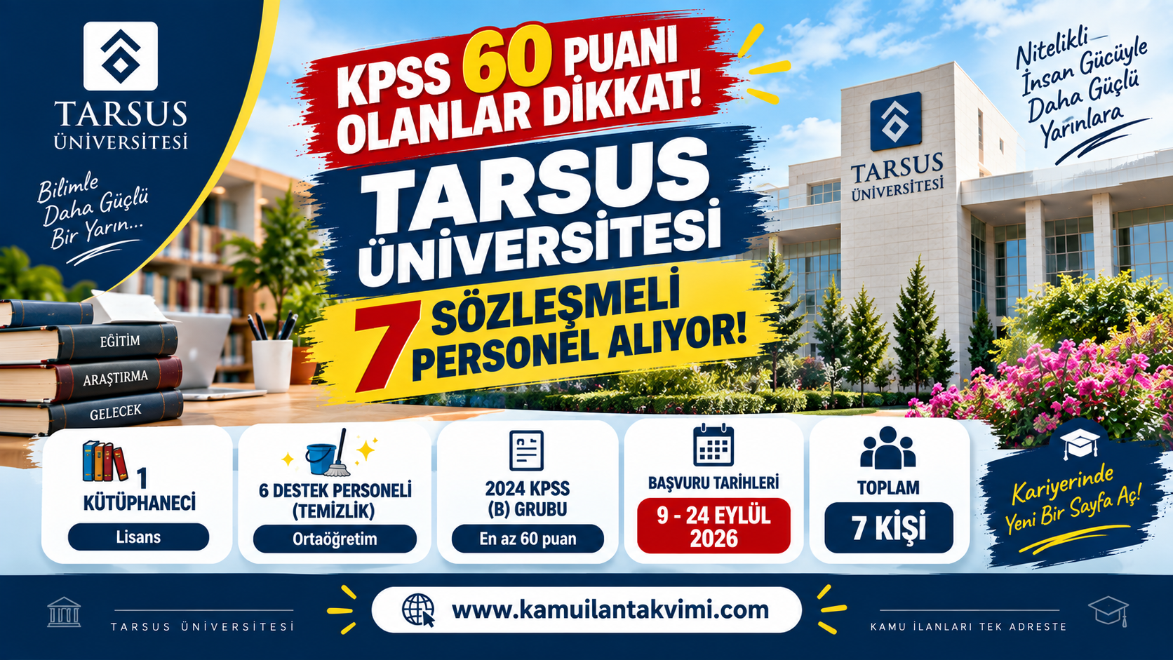 Tarsus Üniversitesi 7 sözleşmeli personel alımı ilanı, kütüphaneci ve destek personeli kadroları.