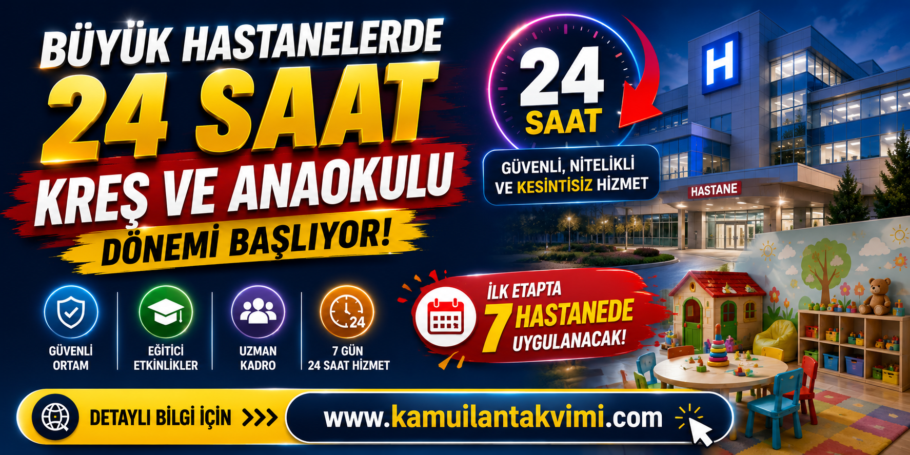 Büyük hastanelerde sağlık çalışanları için 24 saat hizmet verecek kreş ve anaokulları kurulacak. Uygulama ilk etapta 7 hastanede başlayacak.