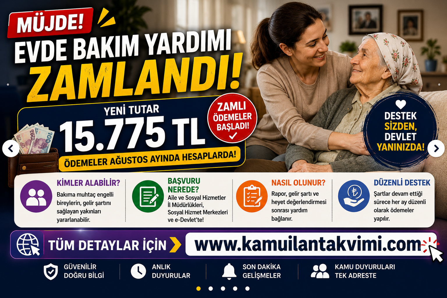 Evde Bakım Yardımı 15 bin 775 TL oldu. Kimlerin yararlanabileceği ve başvuru şartları.