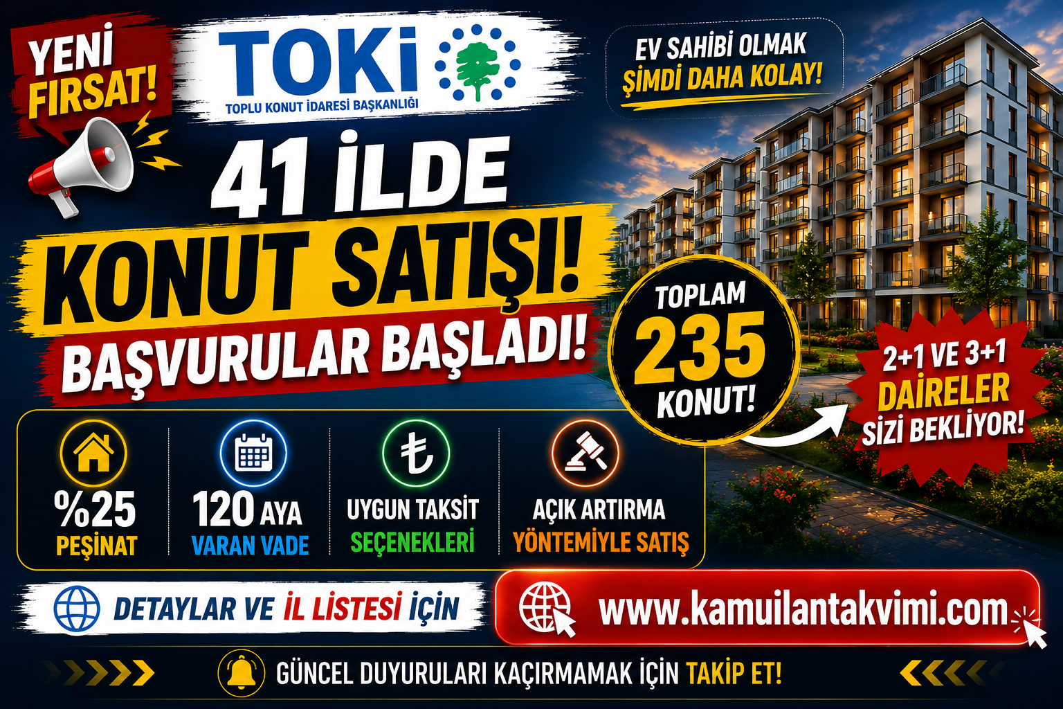 TOKİ, 41 ilde toplam 235 konutu açık artırma yöntemiyle satışa sunuyor. %25 peşinat ve 120 aya varan vade imkânı sunulan satışlarda katılım şartları, ödeme planı ve merak edilenler