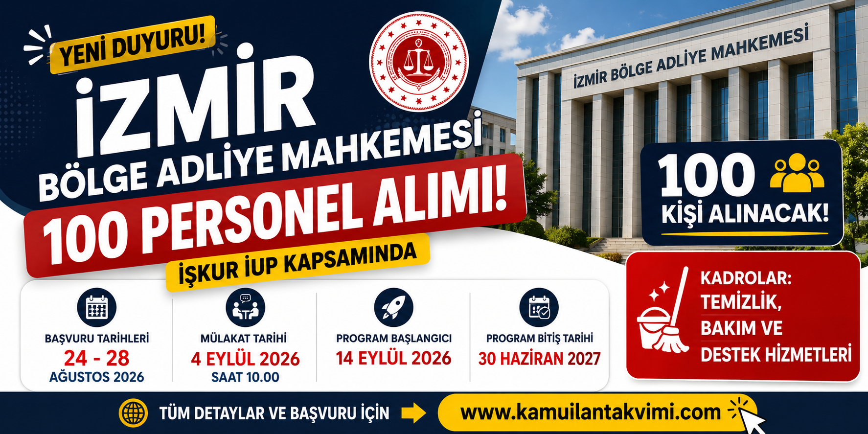İzmir Bölge Adliye Mahkemesi 2026 yılında İŞKUR İşgücü Uyum Programı kapsamında 100 kişilik kontenjan açtı. Başvuru tarihleri ve şartlar haberimizd