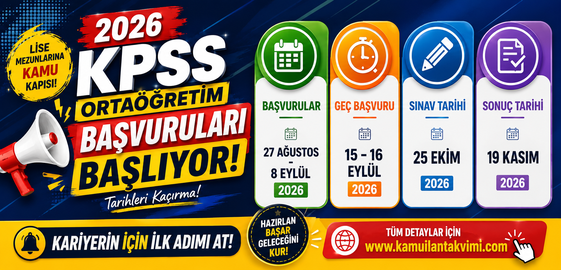 2026 KPSS Ortaöğretim başvuruları 27 Ağustos 2026'da başlıyor. Başvuru ve sınav tarihleri belli oldu.