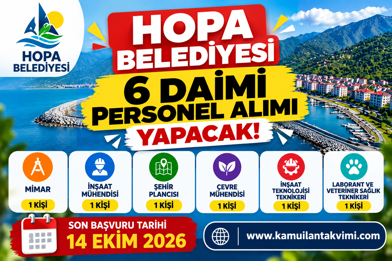 Hopa Belediyesi 6 daimi personel alımı 2026; mimar, mühendis, şehir plancısı ve teknik personel kadroları.