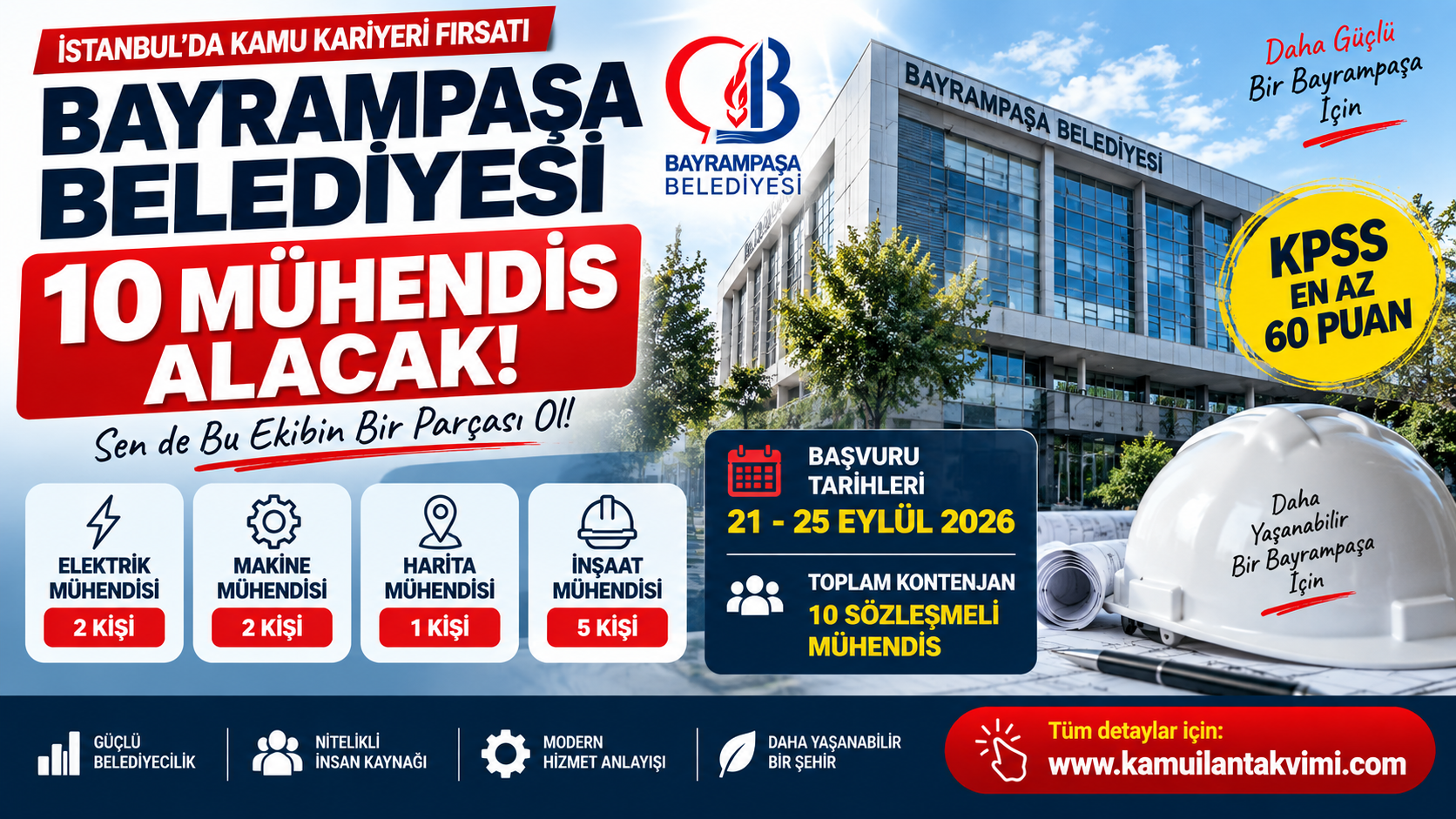 Bayrampaşa Belediyesi 10 mühendis alımı yapacak. Başvurular 21 Eylül 2026’da başlıyor.