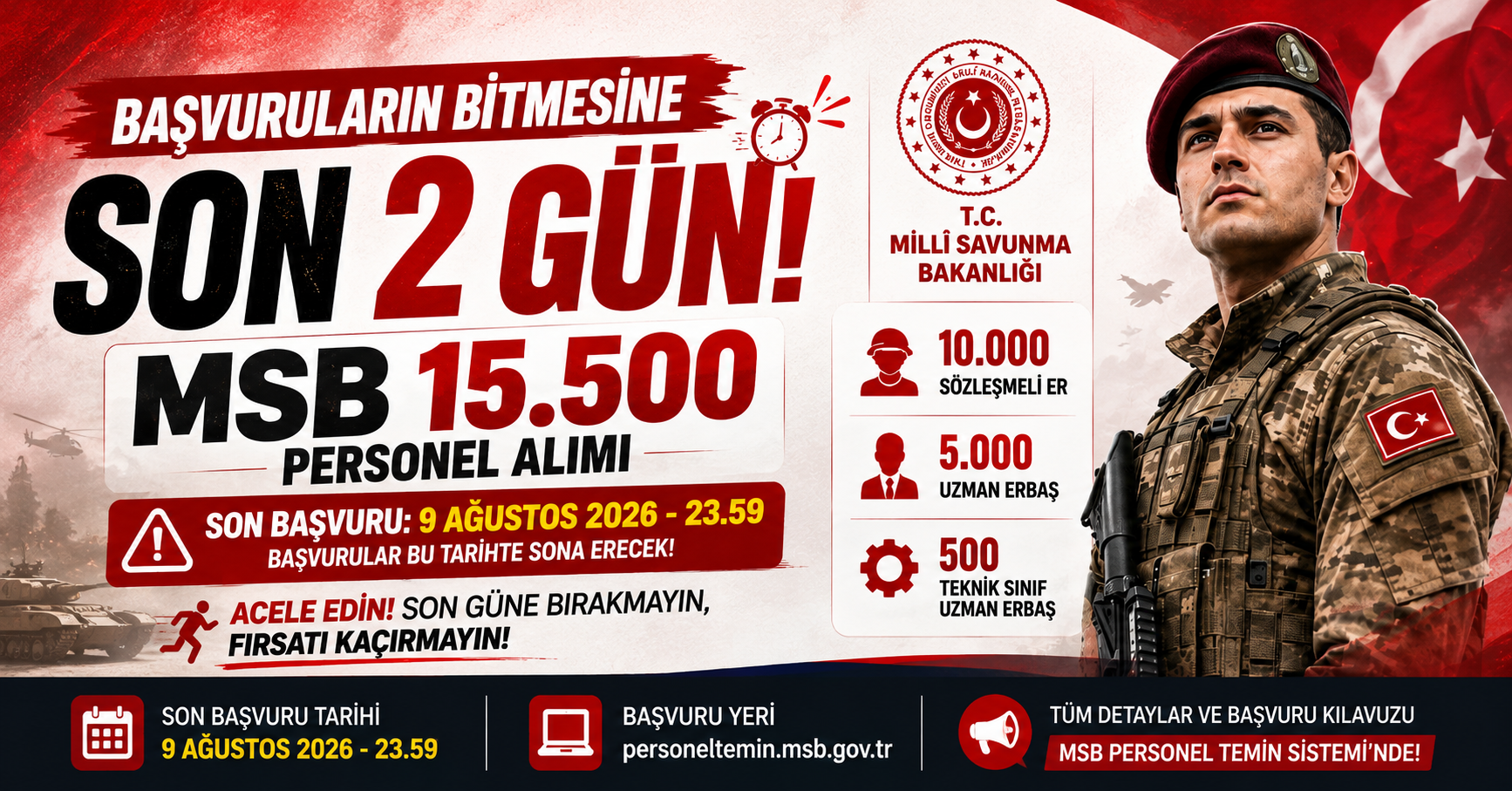 MSB 15.500 personel alımı başvurularında son 2 gün. Sözleşmeli er, uzman erbaş ve teknik sınıf uzman erbaş alımları için başvurular 9 Ağustos 2026'da sona erecek.