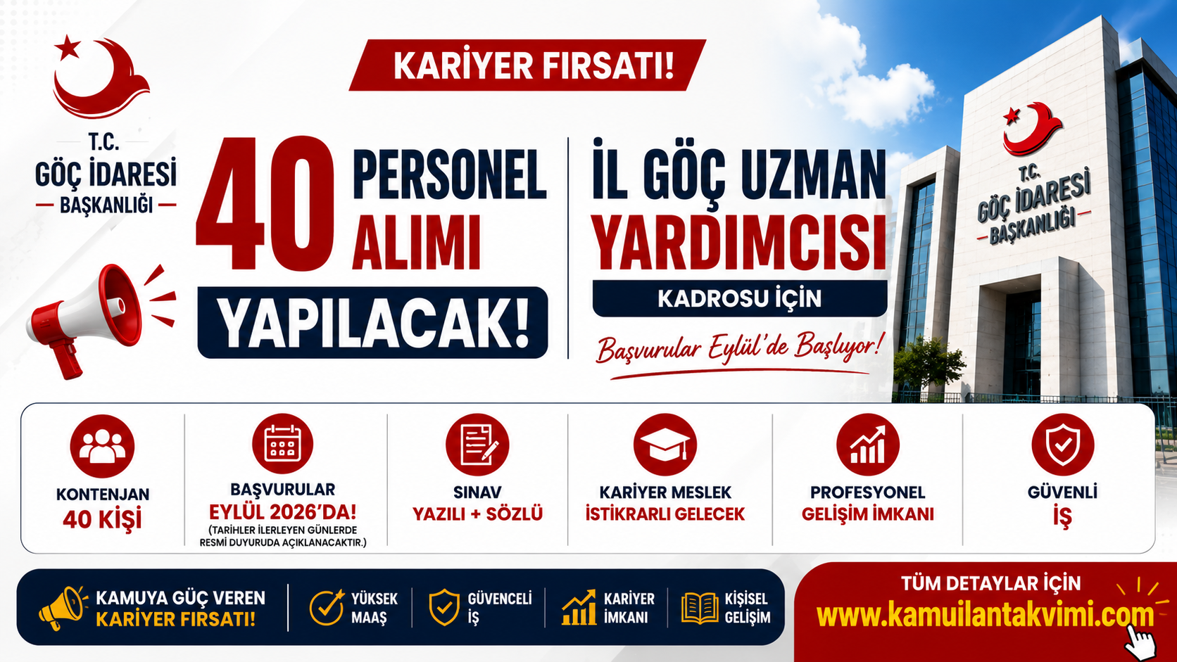 Göç İdaresi Başkanlığı 40 İl Göç Uzman Yardımcısı alımı başvuru şartları ve sınav detayları.