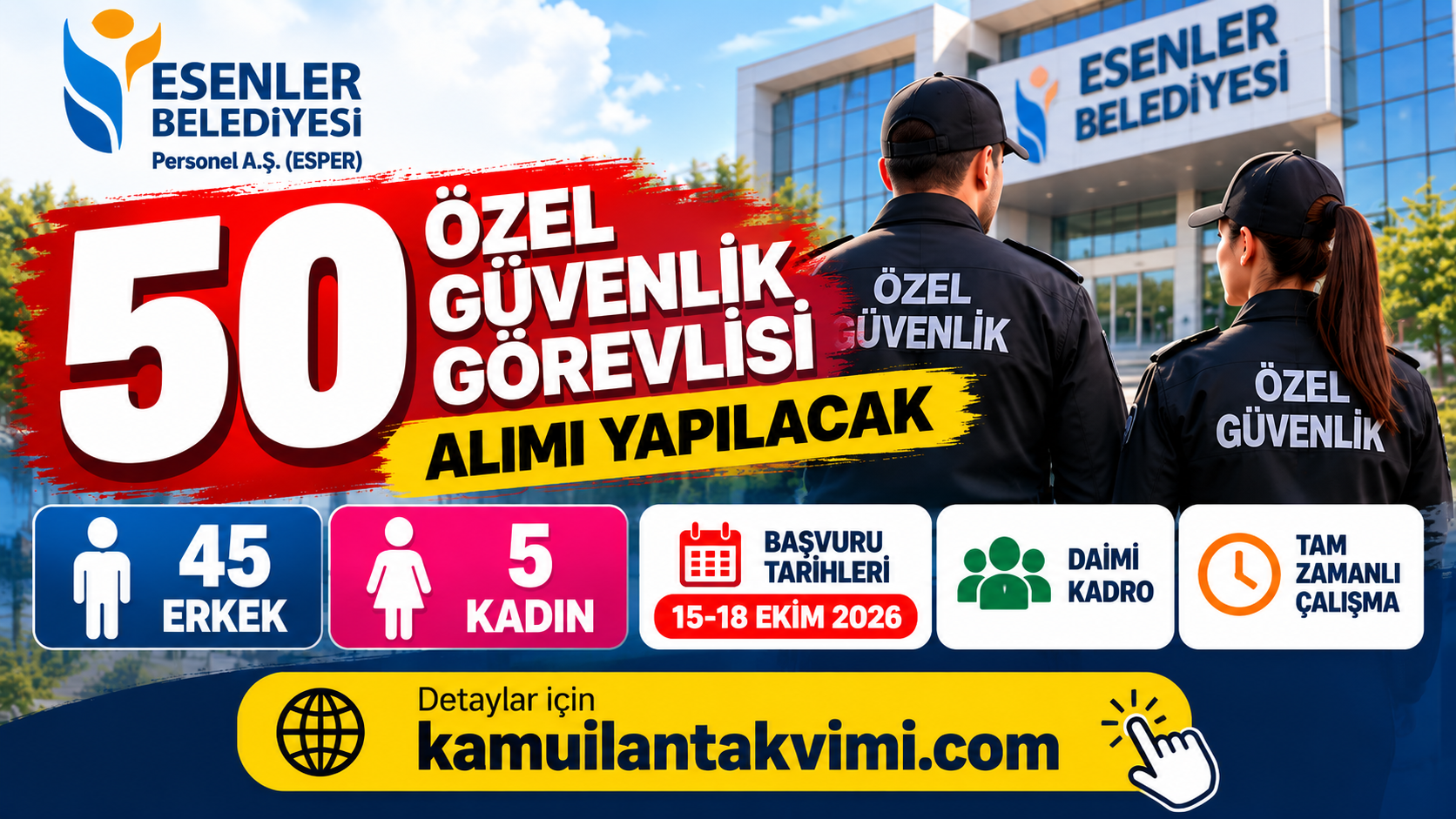 Esenler Belediyesi ESPER 50 özel güvenlik görevlisi alımı 2026 başvuru şartları ve tarihleri.