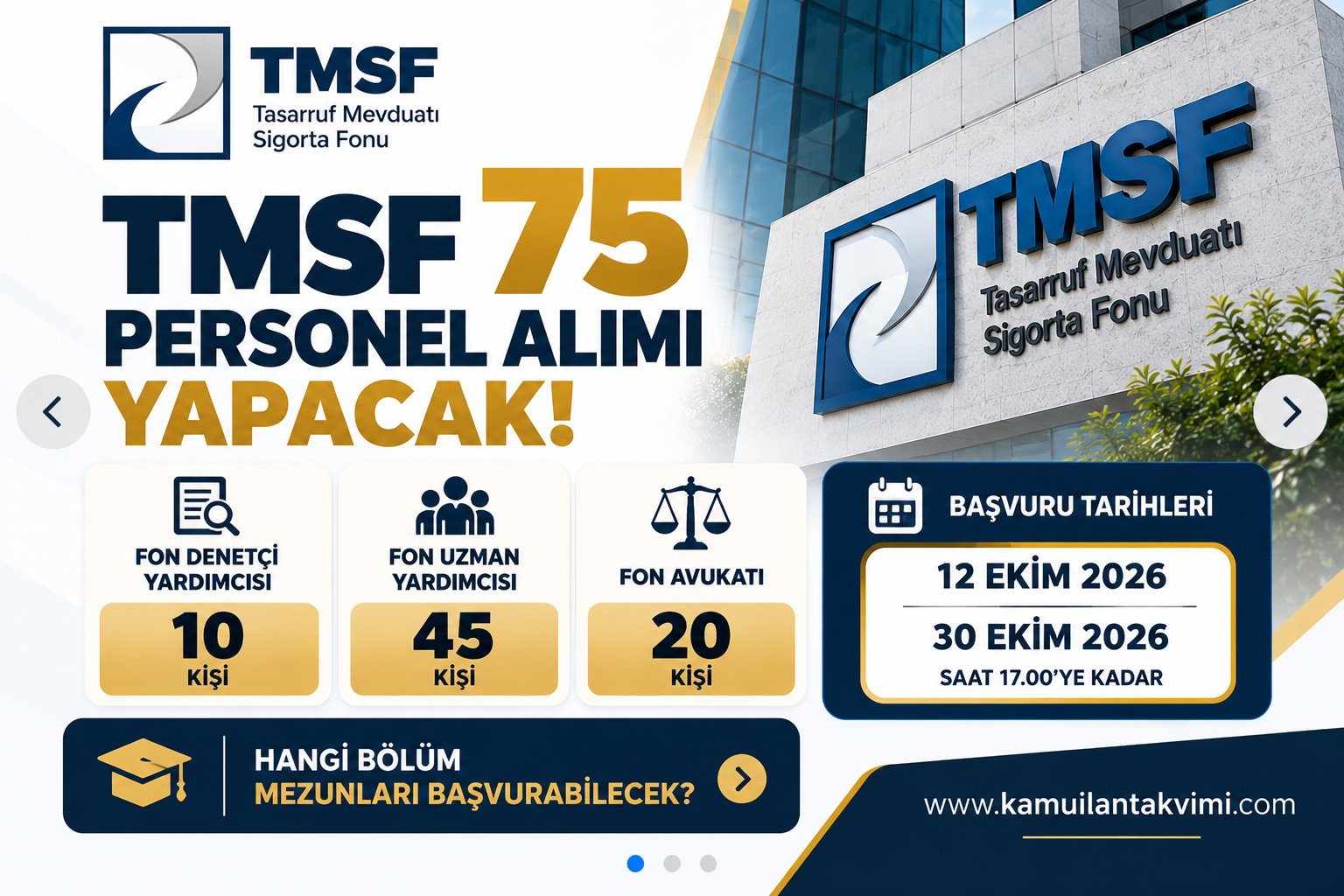 TMSF 2026 yılı 75 personel alımı ilanı, Fon Denetçi Yardımcısı, Fon Uzman Yardımcısı ve Fon Avukatı kadroları ile başvuru şartları.