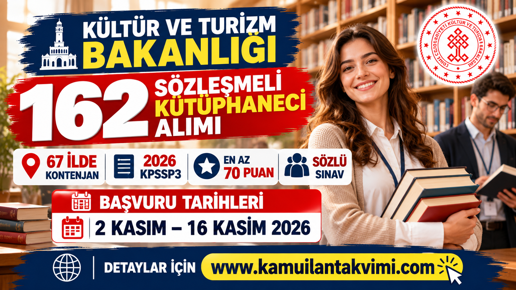 Kültür ve Turizm Bakanlığı 2026 yılı 162 sözleşmeli kütüphaneci alımı ilanı ve başvuru şartları