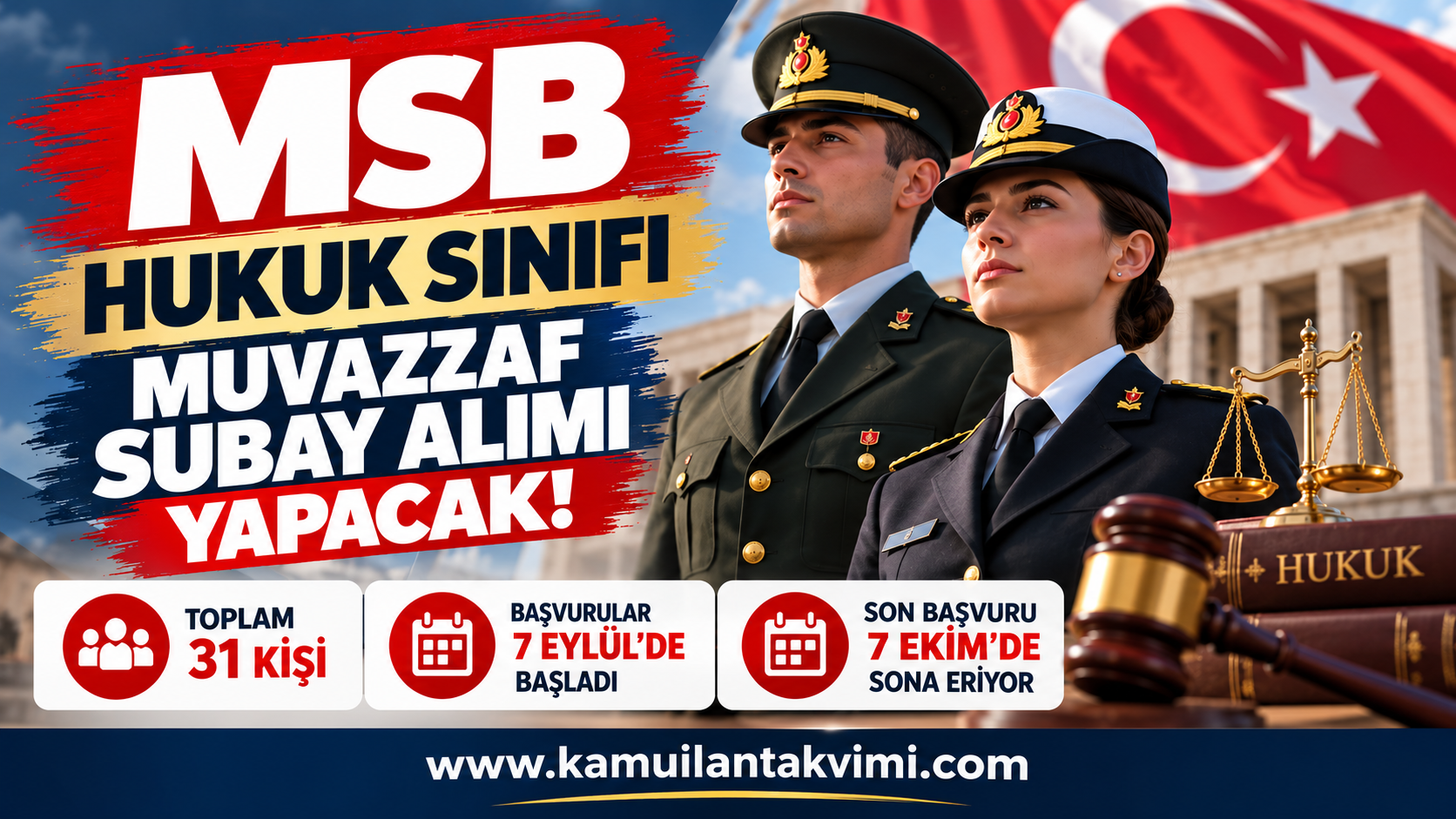 MSB 31 Hukuk Sınıfı Muvazzaf Subay Alımı Yapacak! Başvurular 7 Ekim'de Sona Eriyor