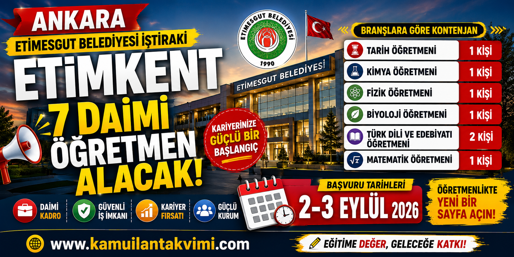 Ankara Etimesgut Belediyesi İştiraki 7 Daimi Öğretmen Alacak! Başvurular 2-3 Eylül’de