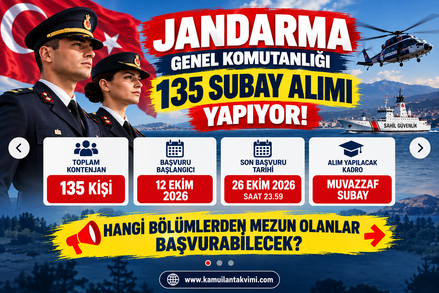 Jandarma Genel Komutanlığı 135 muvazzaf subay alımı, branşlar ve başvuru şartları
