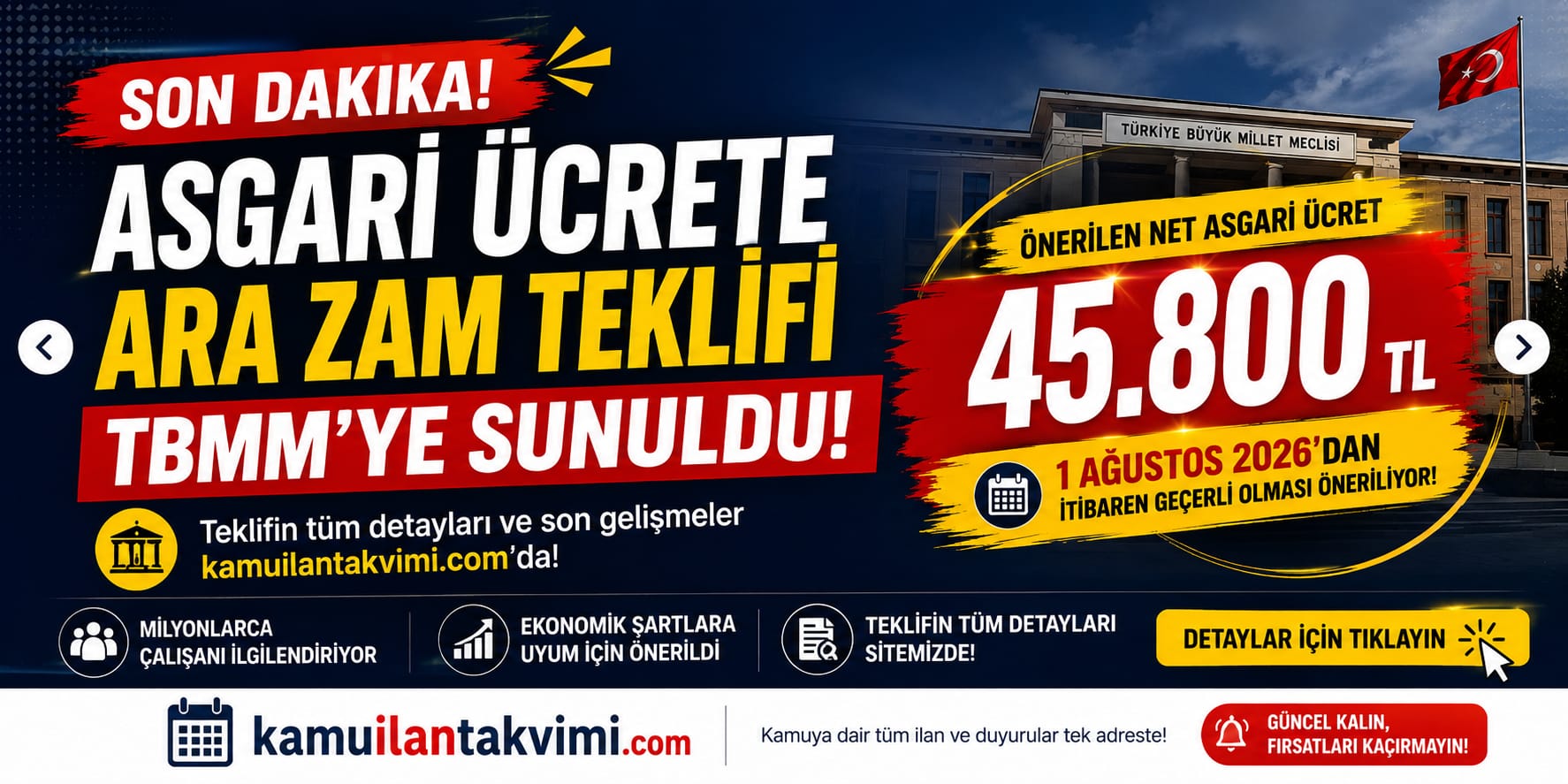 Asgari ücrete ara zam için kritik gelişme! TBMM'ye sunulan teklifte net asgari ücretin 45 bin 800 TL'ye çıkarılması önerildi.
