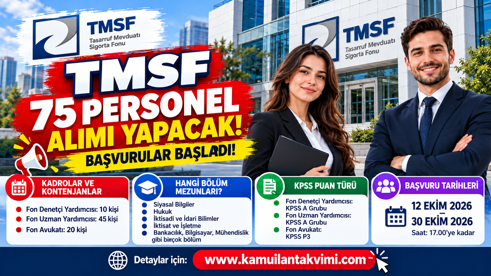 TMSF 75 personel alımı 2026, KPSS şartları, fon uzman yardımcısı, denetçi yardımcısı ve avukat kadroları.