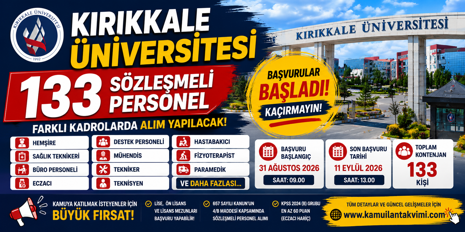 Kırıkkale Üniversitesi 133 sözleşmeli personel alımı 2026