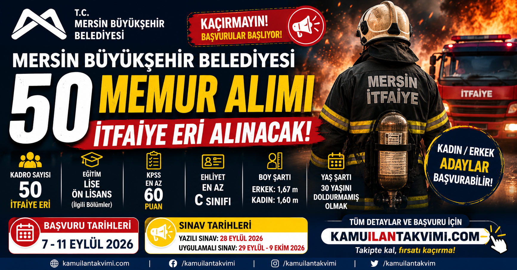 Mersin Büyükşehir Belediyesi 50 memur alımı kapsamında 50 itfaiye eri kadrosu için başvurular Eylül ayında alınacak.