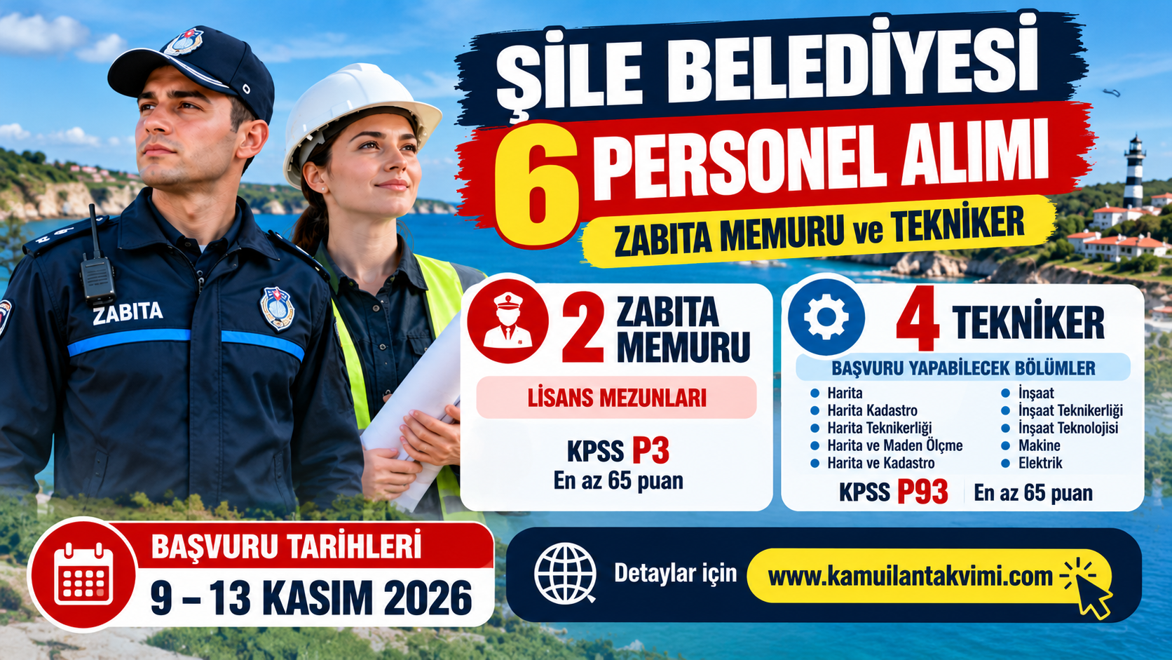 Şile Belediyesi 2026 yılı 2 zabıta memuru ve 4 tekniker olmak üzere toplam 6 personel alımı ilanı.