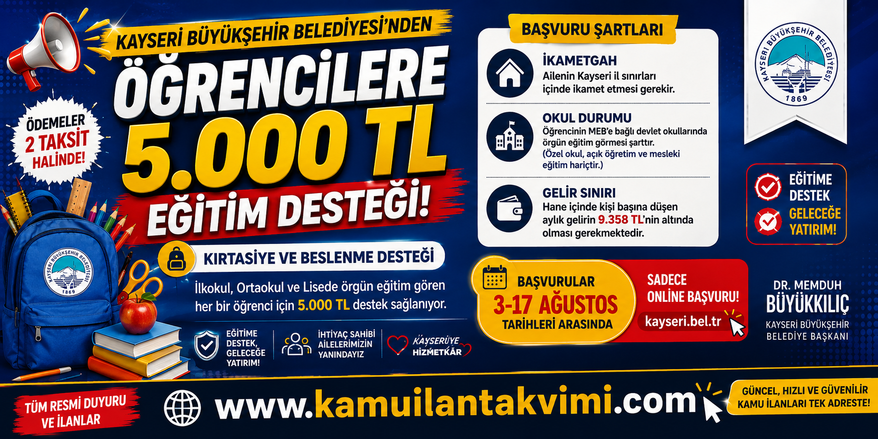 Kayseri Büyükşehir Belediyesi, ihtiyaç sahibi ailelerin örgün eğitim gören çocukları için 5 bin TL kırtasiye ve beslenme desteği başvurularını almaya başladı.
