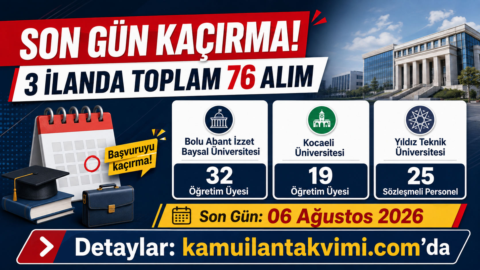 Bolu, Kocaeli ve Yıldız Teknik üniversiteleri toplam 76 personel alımı son başvuru duyurusu